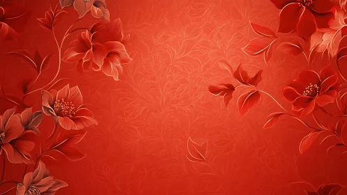 Red floral background with layered botanical elements and ornamental patterns