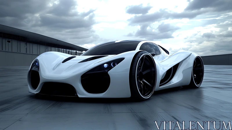 Low-slung white hypercar with fluid aerodynamics on wet track