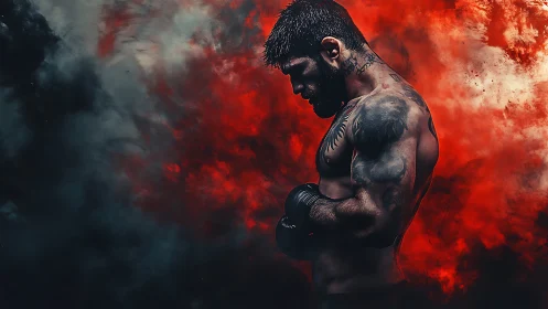 Tattooed boxer stands in smoky red arena lighting