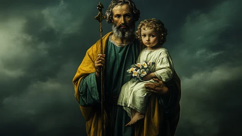 Devout guardian holding child beneath storm-washed heavens.