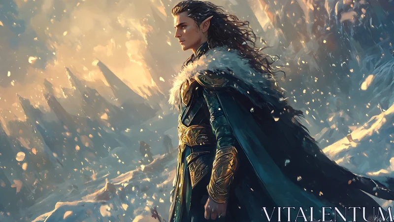 Elven iceward sentinel with gilded armor in blizzard transit.