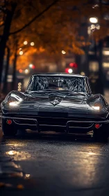 Low-angle wet-street portrait of classic sports coupe under bokeh city lights