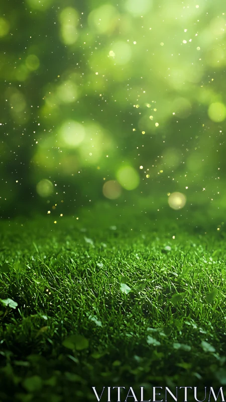 Sunlit green meadow sparkling softly in gentle afternoon light.