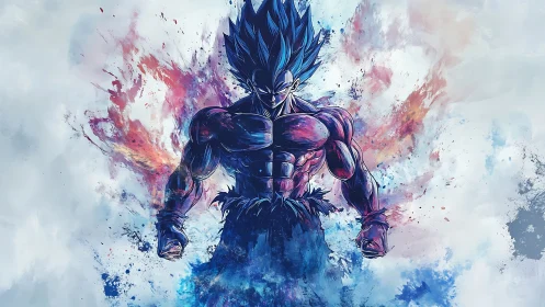 Energetic anime warrior amid chromatic explosive aura field.