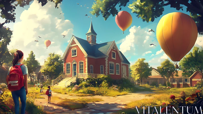 Sunlit village schoolyard with drifting hot air balloons.