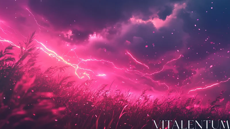 Neon storm lightning ignites a windswept midnight field.