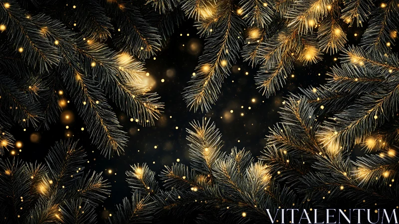 Fir branches with warm string lights framing dark center.