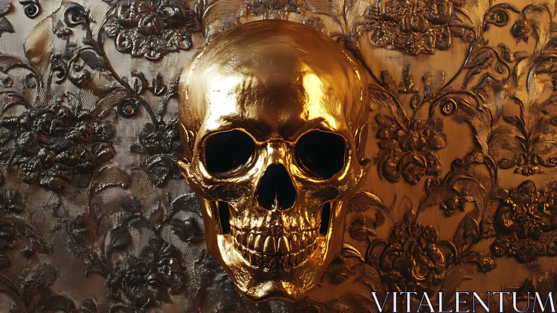 Gilded skull grinning against baroque floral shadows wall.