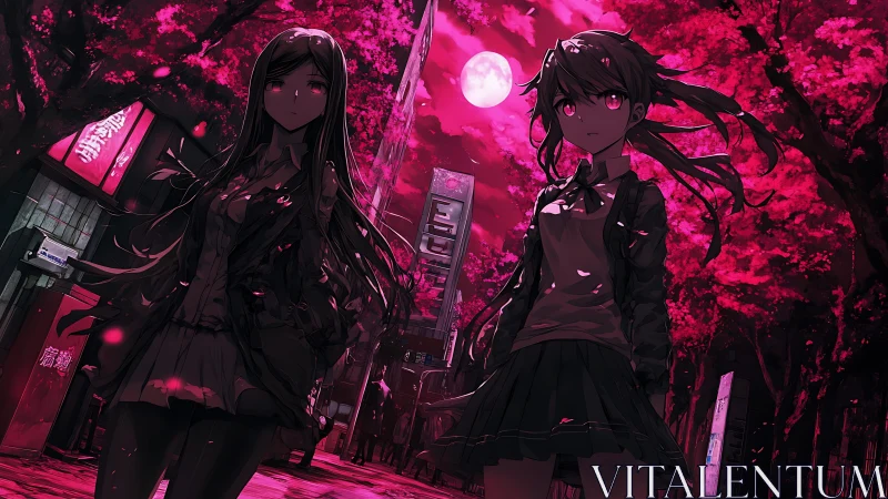 Crimson moonlit alley with two anime girls in electric bloom.
