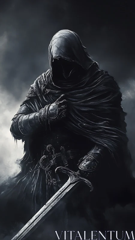 Hooded shadow knight rests in swirling moonlit mist.