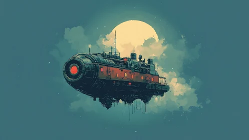 Retro industrial spaceship floats before a luminous moon.