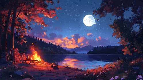 Nocturnal Lakeside Campfire with Lunar Composition and Autumnal Foliage.