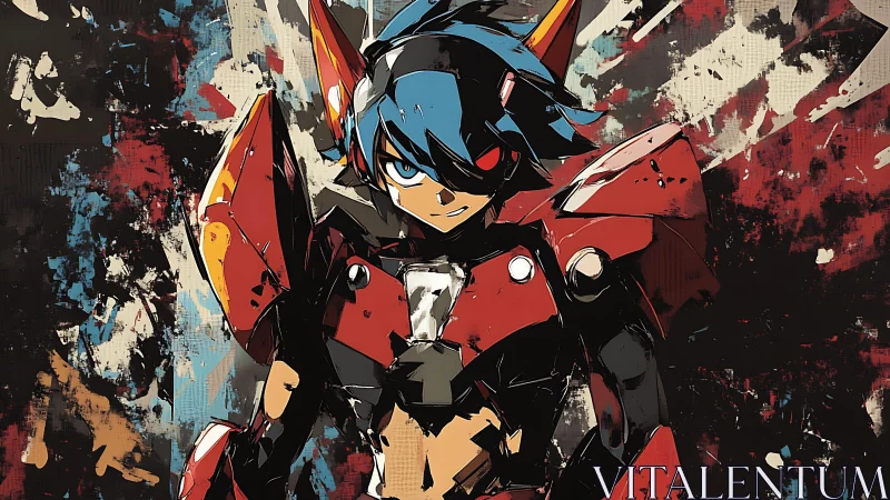 Armored anime warrior dominates abstract grunge battlefield