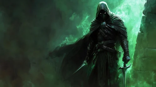 Shadowborn ranger in emerald stormlight, blades drawn.