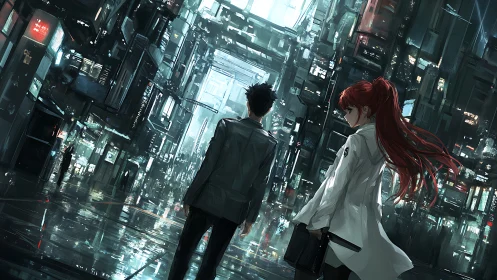 Cyberpunk duo in neon alley with reflective wet pavement.