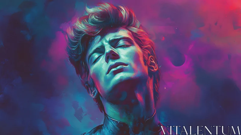 Male portrait shows upward pose in neon gradient lighting