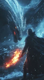 Armored warrior confronting ice dragon with blazing sword