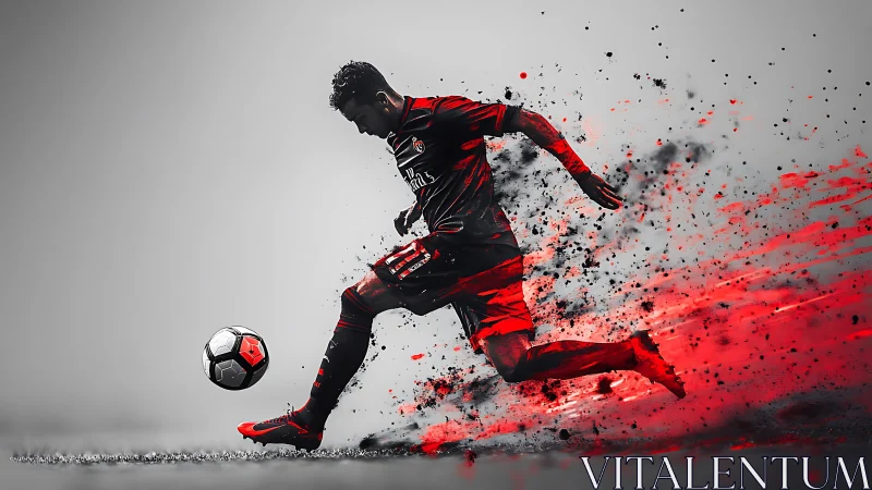 Dynamic soccer player kicking ball in explosive red motion.