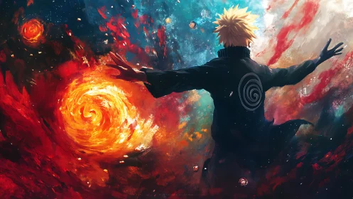 Heroic anime figure commands swirling cosmic inferno