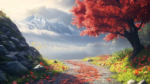 Red tree borders lakeside path before distant snowy peaks