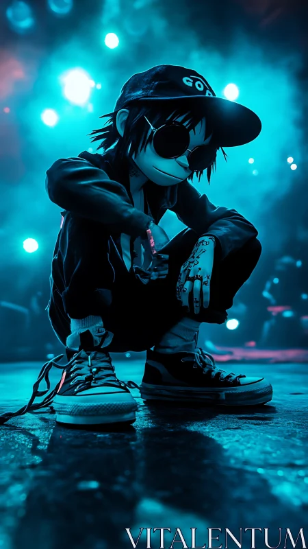 Cartoon streetwear skater crouching under neon blue stage light.
