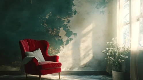 Red velvet armchair in sunlit vintage interior corner.