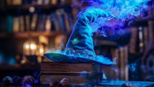 Blue wizard hat emits glowing smoke above stacked books