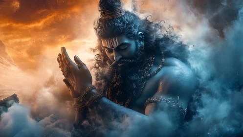 Digital painting of meditative deity amid bifurcated storm clouds.