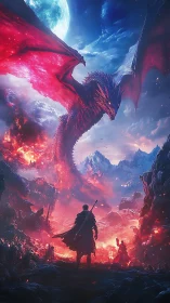 Dragon-dominated battlefield under burning crimson sky.