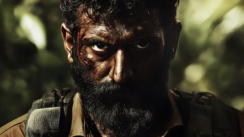 Battle-scarred gaze burns through jungle-bathed shadows.