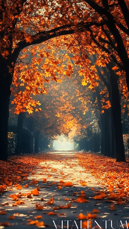 Tree-lined path with fallen orange autumn leaves in sunlight.