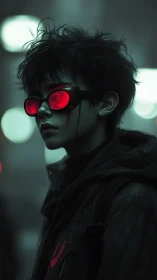 Neon‑tinted loner in red glasses, moody cyberpunk alley.