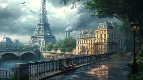 Stormlit Paris promenade beside a brooding iron tower.
