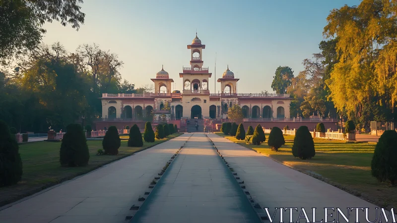 Symmetrical garden axis leading to Indo-Islamic pavilion façade