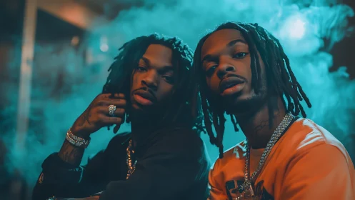 Portrait of two stylish men in moody teal smoke glow.