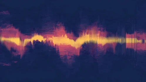 Digital waveform spectrum in neon duotone abstract field.
