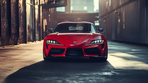 Red Toyota sports car commands a sunlit industrial alley