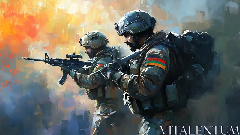 Soldiers advancing with rifles in impressionistic battle scene.