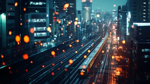 Urban rail corridor extends through illuminated night city