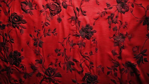Crimson satin surface with black embroidered rose tracery.