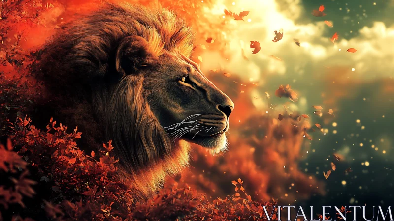 Lion profile amid glowing autumn leaves and soft light.
