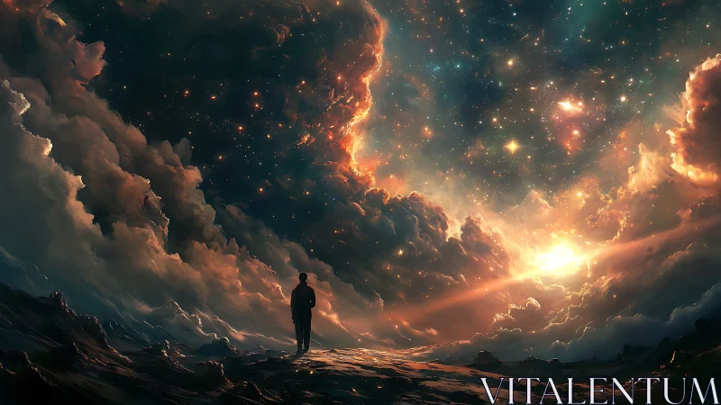 Stargazer adrift beneath a roaring nebula sky of fire.