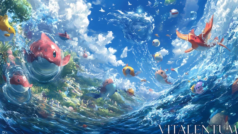 Vibrant stylized sea creatures swirl through dynamic ocean waves