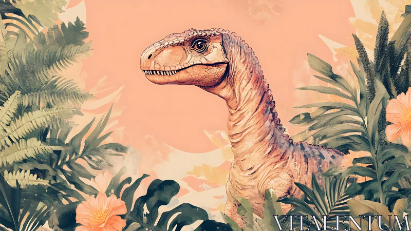 Gentle dinosaur gazes from lush pastel jungle foliage.
