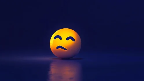 Moody neon emoji orb glows alone in midnight blue hush.