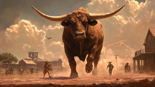 Charging longhorn bull dominates dusty western frontier street