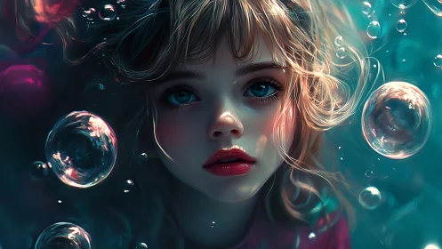 Digital painting portrait of submerged girl with luminous bubbles.