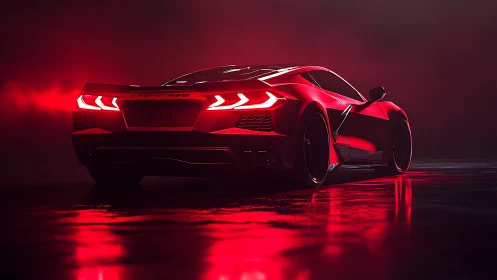 Scarlet supercar rear view in cinematic neon red haze.