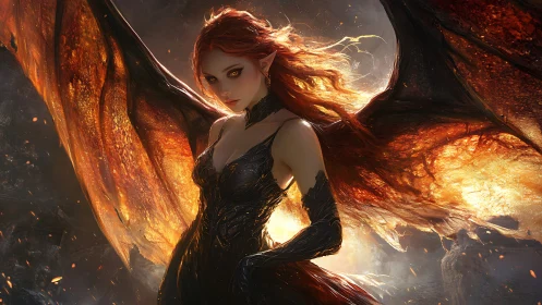 Winged female figure in molten light with dark attire.