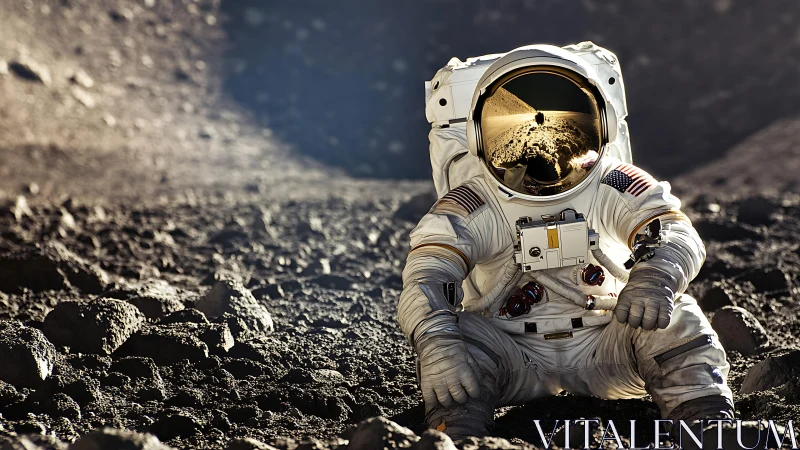 Astronaut in seated position on rocky extraterrestrial terrain